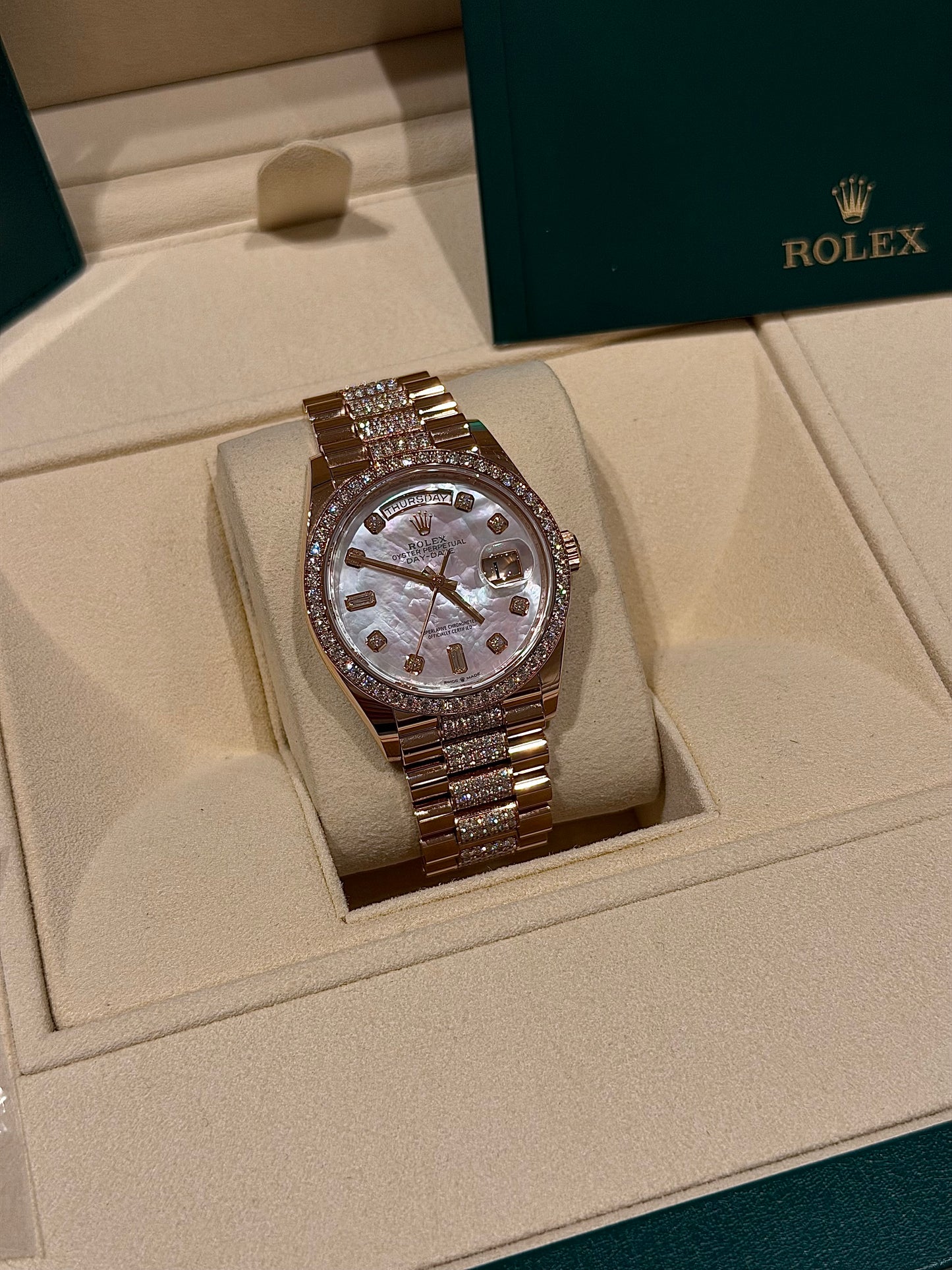 Rolex Day-Date 36 Everose Gold Mother-of-Pearl Diamond Dial Diamond Bezel & Bracelet (2021)  Reference: 128345RBR