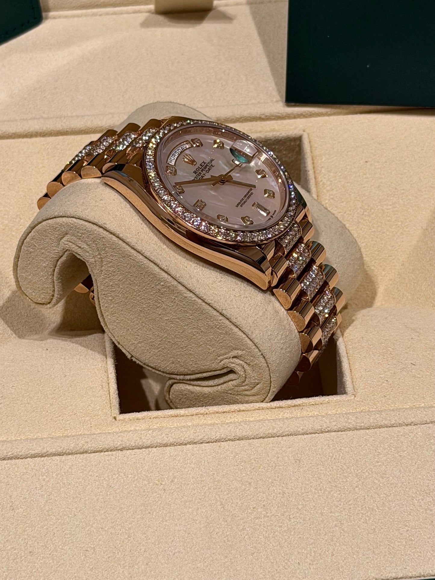 Rolex Day-Date 36 Everose Gold Mother-of-Pearl Diamond Dial Diamond Bezel & Bracelet (2021)  Reference: 128345RBR