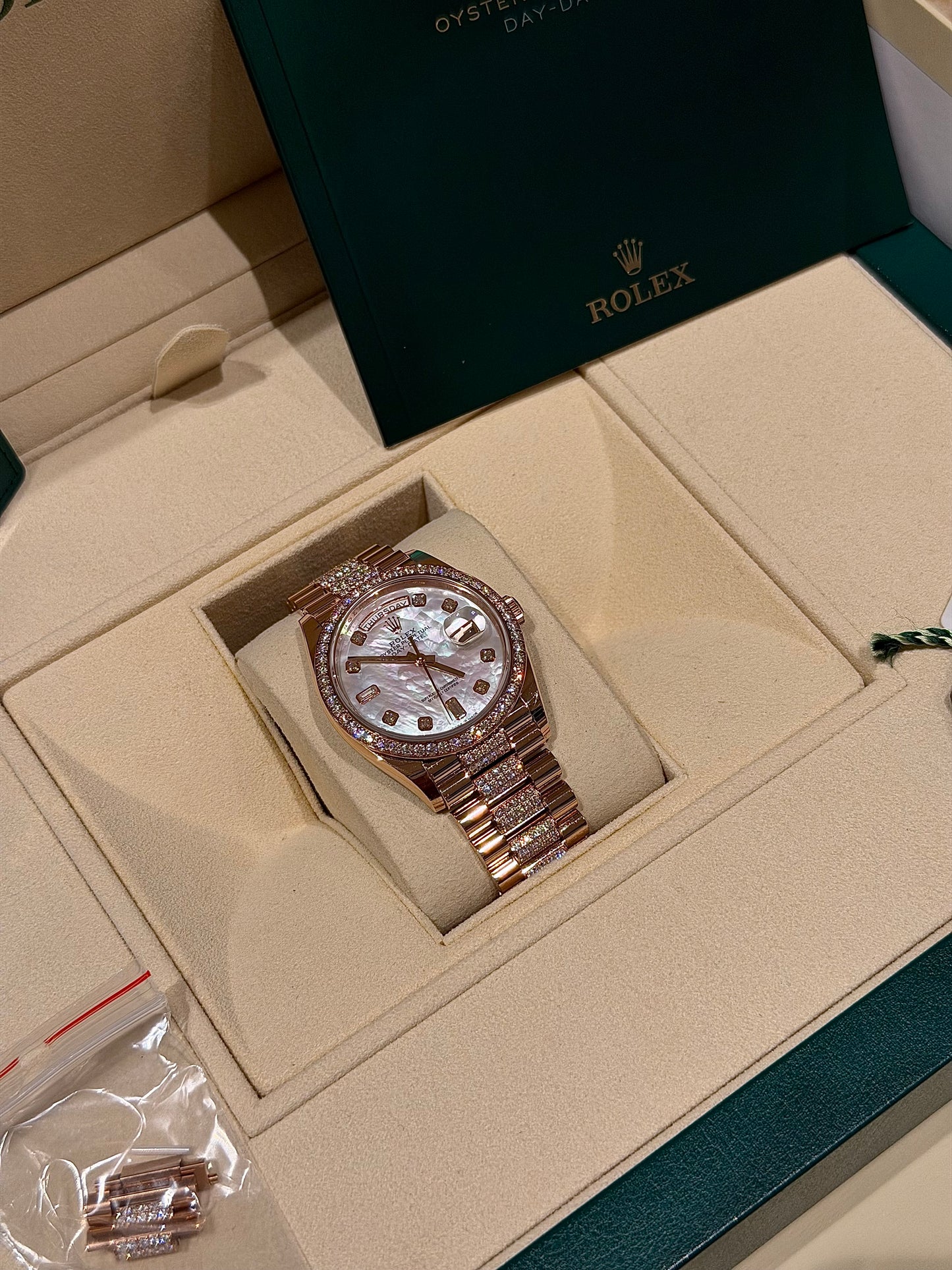 Rolex Day-Date 36 Everose Gold Mother-of-Pearl Diamond Dial Diamond Bezel & Bracelet (2021)  Reference: 128345RBR