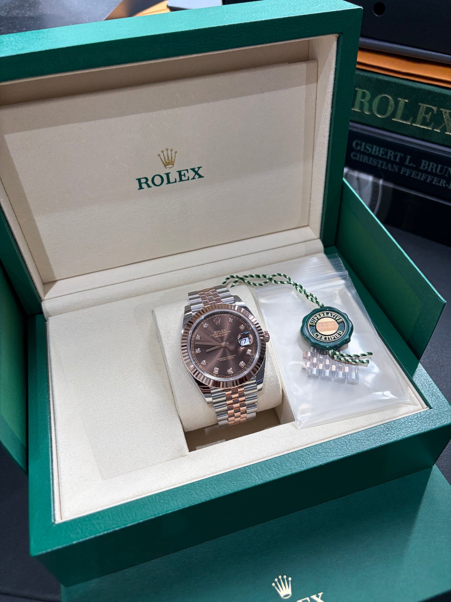 Rolex Datejust 41 – 2025 Everose Rolesor Chocolate Diamond Dial (Ref. 126331) – Full Set