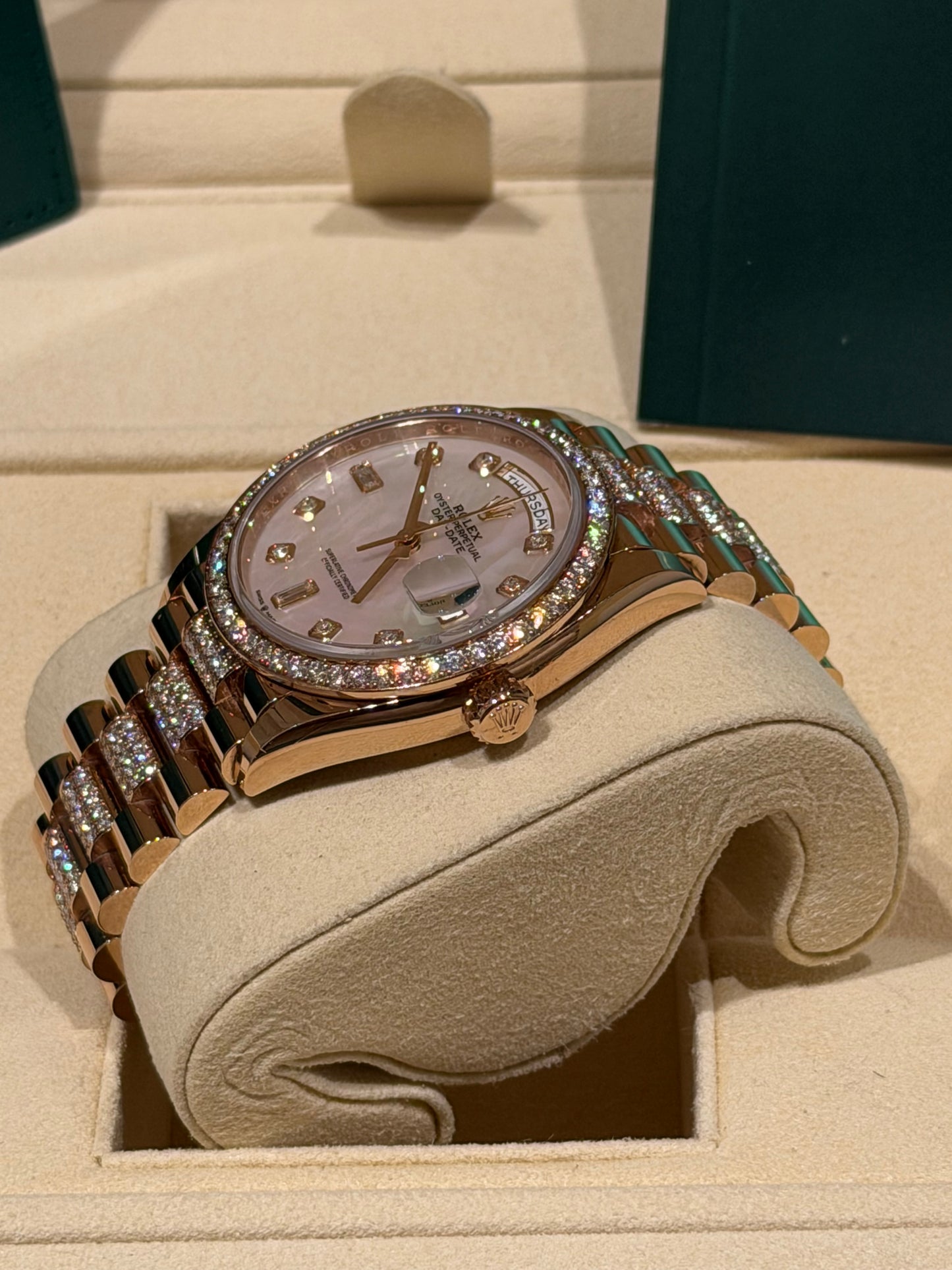 Rolex Day-Date 36 Everose Gold Mother-of-Pearl Diamond Dial Diamond Bezel & Bracelet (2021)  Reference: 128345RBR