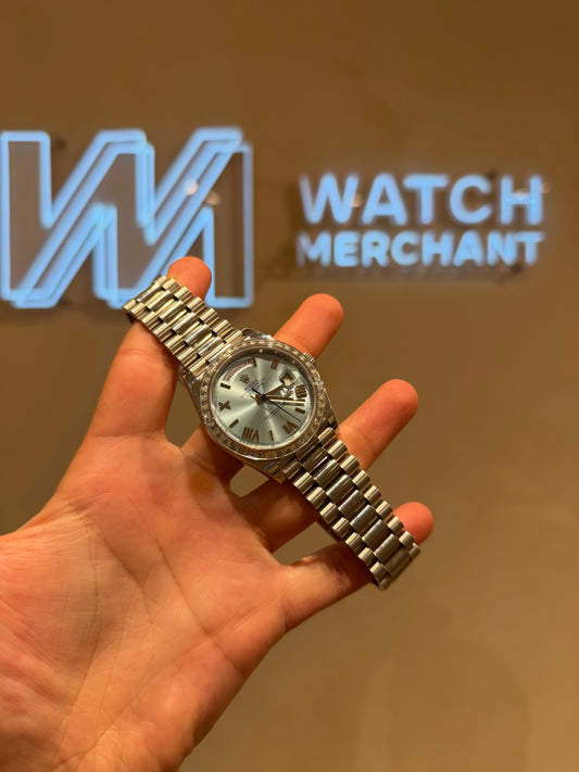 Rolex Day-Date 40 Platinum Ice Blue Reference 228396TBR | Baguette Bezel | 2022 | Full Set MINT